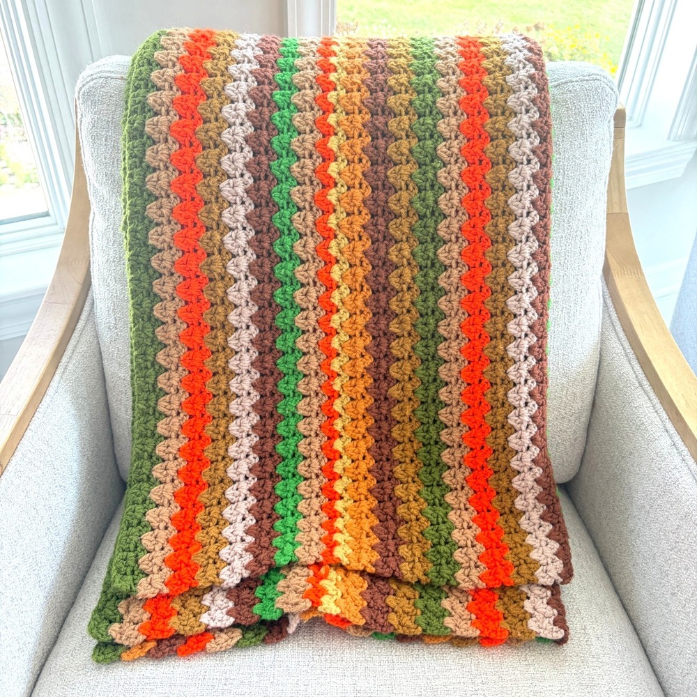 Vintage Handmade Crochet Afghan Blanket 70s Earthy Green Orange Brown 33x77